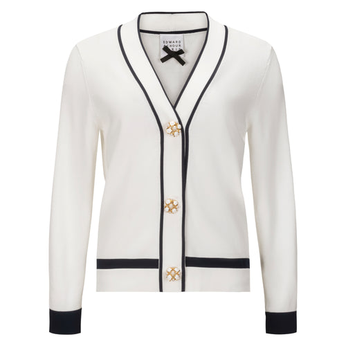 Edward Achour V-Neck Cardigan - Ivory with Navy Trim + Pearl Buttons Timeless Martha's Vineyard 
